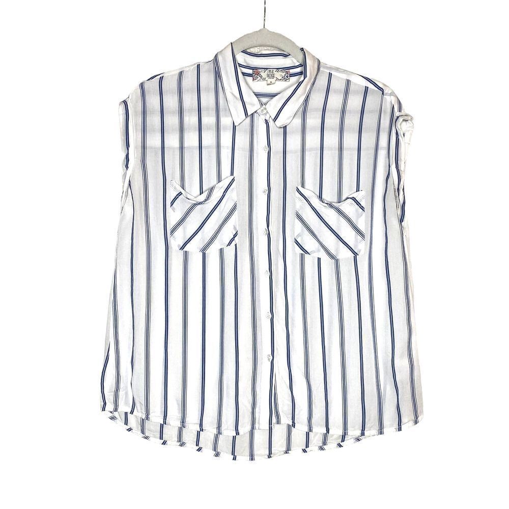 Pink Rose Sleeveless Striped Button Up Blouse Blue White Size Medium Top Office